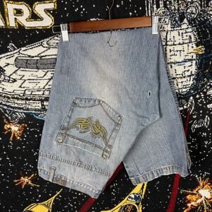 Brooklyn Express Baggy Jeans 38x30 Light Wash Embroidered Wing Y2K Streetwear